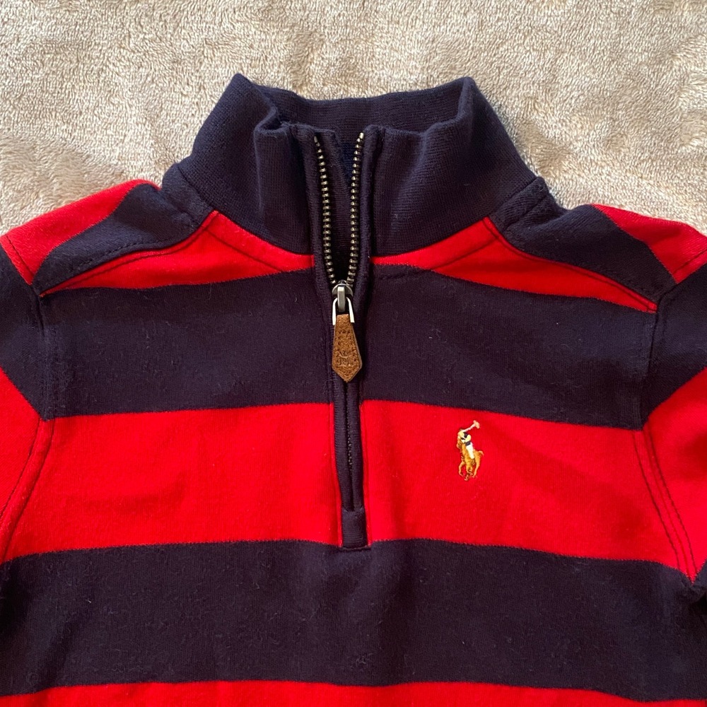 Polo Ralph Lauren Pullover Kids 3T Red Navy Blue Striped Quarter Zip Cotton Pony - Picture 2 of 8